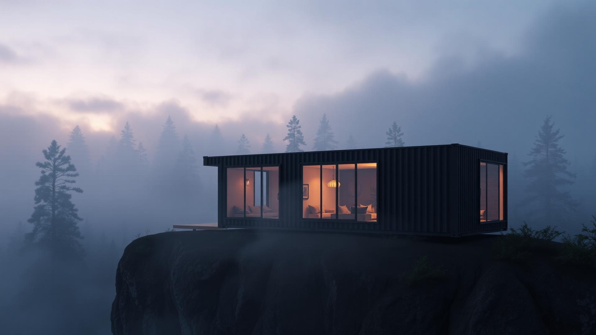 Luxury container home on a misty forest clifftop